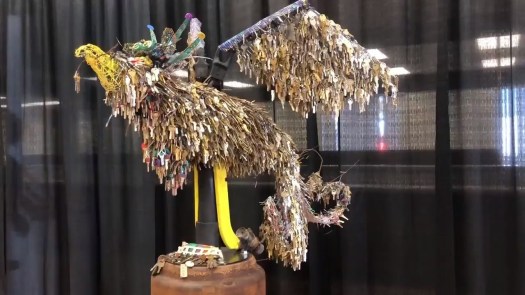 a phoenix art scuplture made of keys by artist Jessie Mercer, to places that were lost in Paradise, California's Camp Fire.